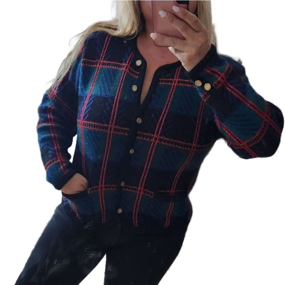 Tally Ho vintage Holiday plaid knit button down sweater size  medium